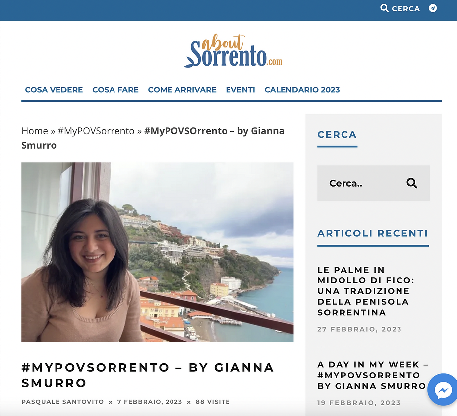 A screenshot of the AboutSorrento website, showing a photo of Gianna with Sorrento in the background. An article title is visible: "#MyPOVSorrento - by Gianna Smurro"
