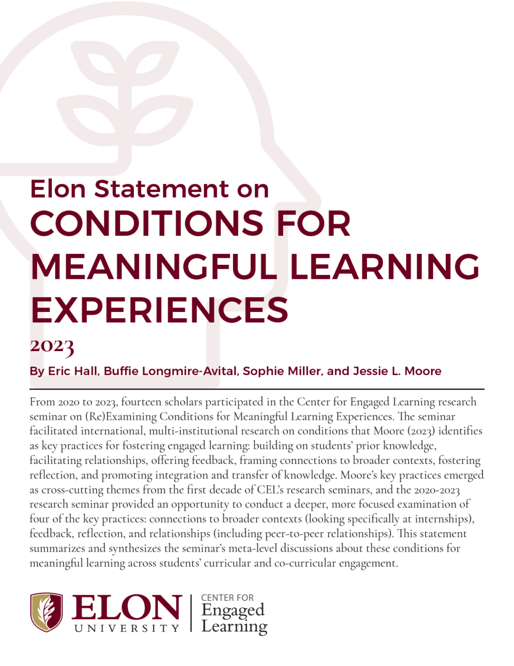 Cover page of the Elon Statement on Conditions for Meaningful Learning Experiences, showing an icon of a plant growing within a head