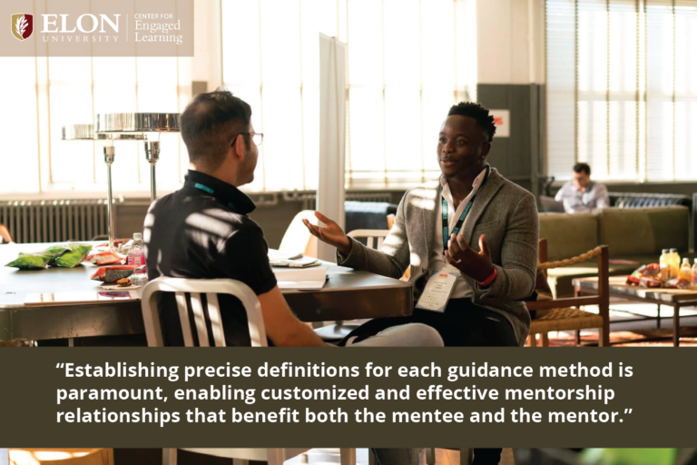 Two men sit at a table together while one speaks and gestures with his hands. Text overlay reads, “Establishing precise definitions for each guidance method is paramount, enabling customized and effective mentorship relationships that benefit both the mentee and the mentor.”