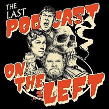 "The Last Podcast on the Left" podcast art with pencil drawings of headshots of three men and a skull with a cigarette in its teeth.
