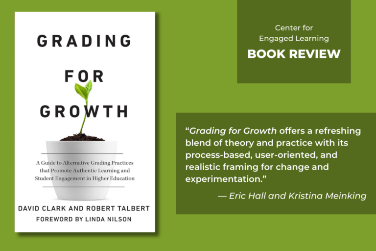 An image featuring a photo of the cover of Grading for Growth by David Clark and Robert Talbert. The image is labeled as Center for Engaged Learning Book Review. A pull quote from reviewers Eric Hall and Kristina Meinking says the following: Grading for Growth offers a refreshing blend of theory and practice with its process-based, user-oriented, and realistic framing for change and experimentation.