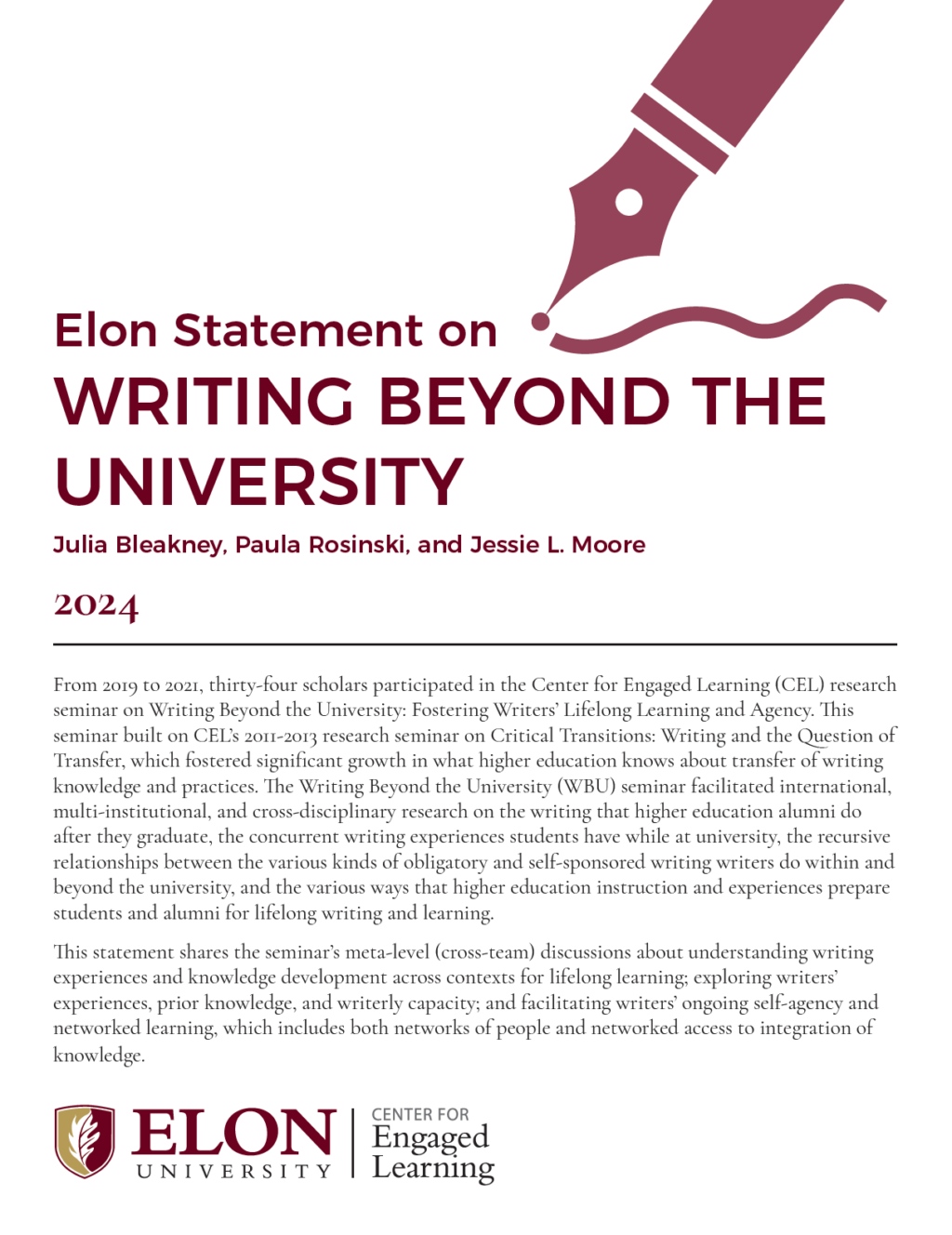 The cover page of the PDF version of the Elon Statement on Writing Beyond the University
