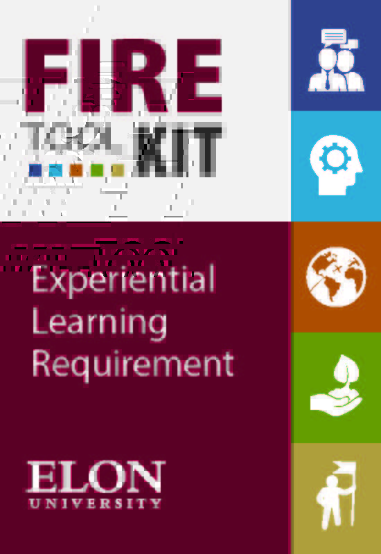 FIRE Toolkit logo, with five icons representing the Elon Experiences: internships, research, global engagement, service, and leadership.