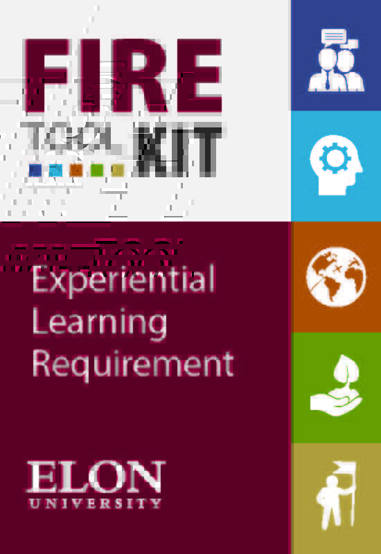 FIRE Toolkit logo, with five icons representing the Elon Experiences: internships, research, global engagement, service, and leadership.