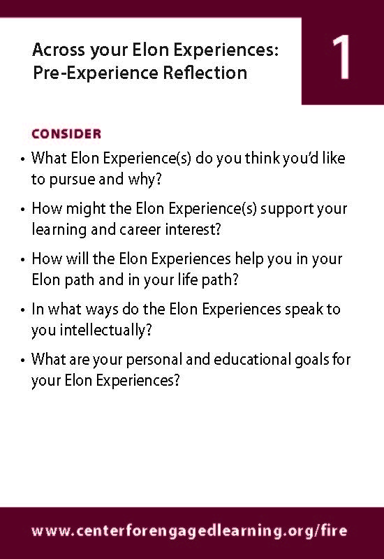 Picture of Across your Elon Experiences: Pre-Experience Reflection questions. Full text of questions is included on this webpage.