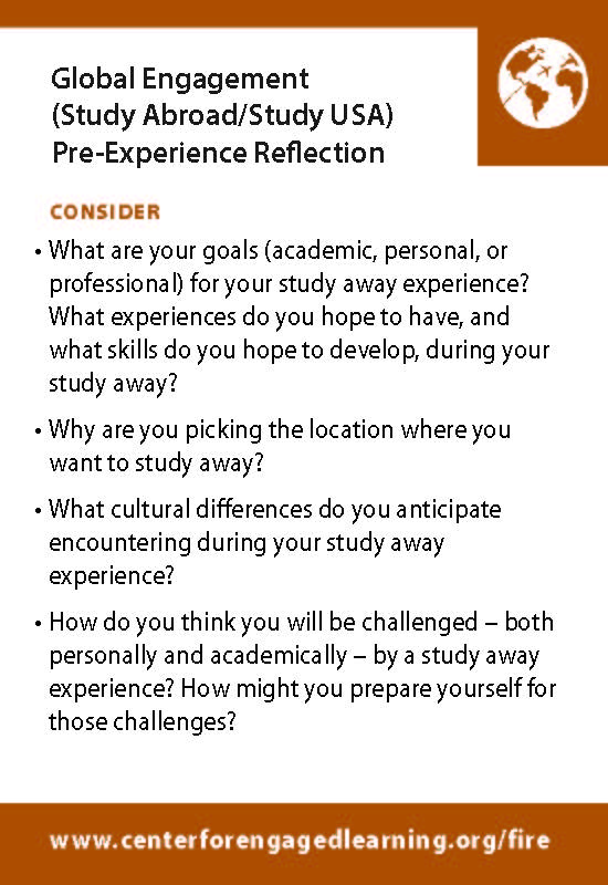 Picture of Global Engagement (Study Abroad/Study USA): Pre-Experience Reflection questions. Full text of questions is included on this webpage.