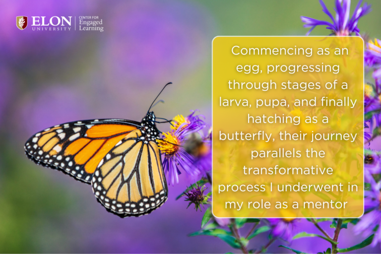 A Monarch butterfly rests on a purple flower. Text overlay reads, "Commencing as an egg, progressing through stages of a larva, pupa, and finally hatching as a butterfly, their journey parallels the transformative process I underwent as a mentor."