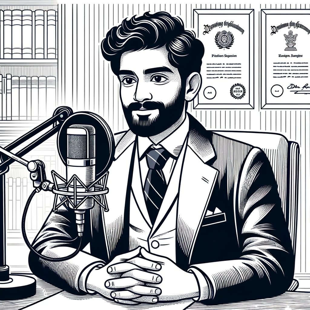 Image created by Dall-E with the prompt: Line art of a professor speaking into a podcast microphone with a label reading AI