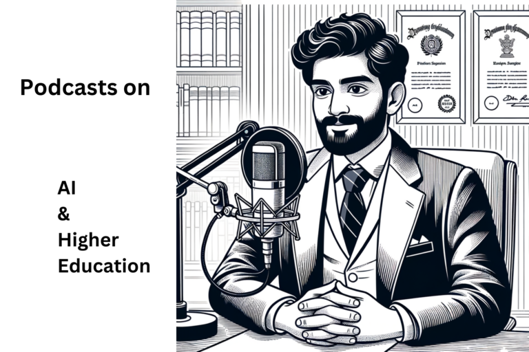 Line art (created by Dall-E) of a professor speaking into a podcast microphone. Text reads, "Podcasts on AI & Higher Education."