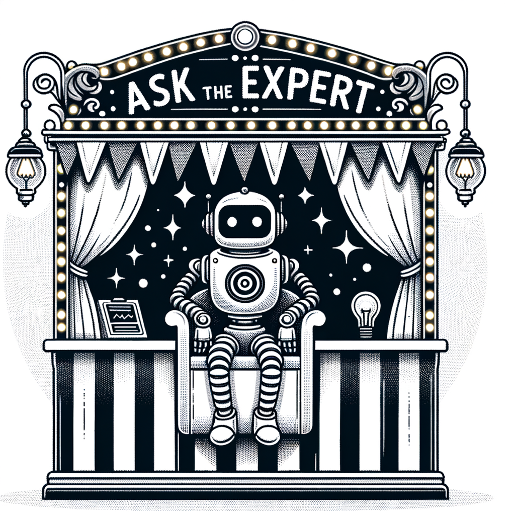 AI-genertated illustration of a friendly robot sitting in a carnival booth with an ""Ask the Expert"" banner.