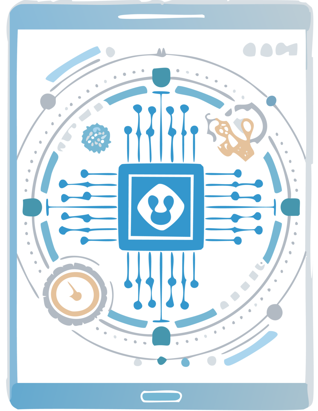AI-generted illustration of a light blue tablet, with teal and blue internet network pattern.