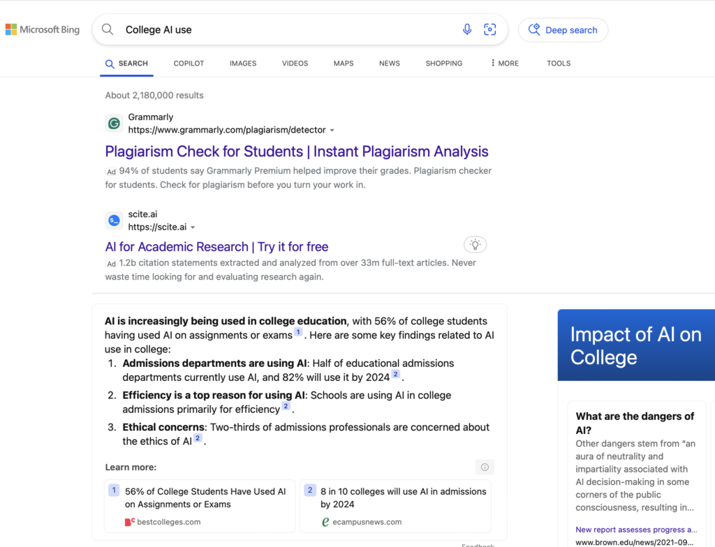 Screenshot of Microsoft Bing search results for "College AI Use."