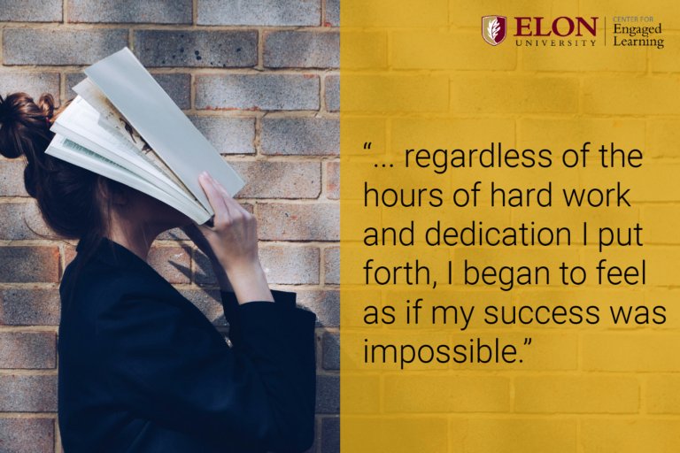 White girl with long hair in a bun covers face with open book. Text set on a yellow background reads: "... regardless of the hours of hard work and dedication I put forth, I began to feel as if my success was impossible.”
