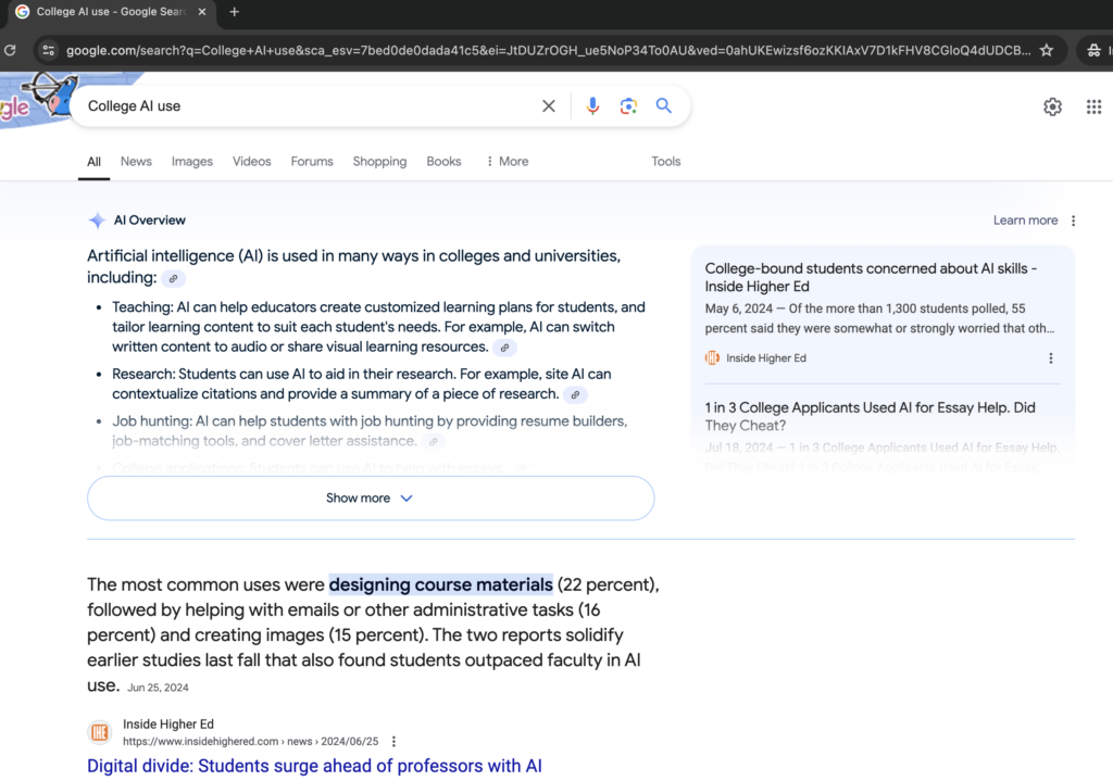 Screenshot of Google search results for "College AI Use."