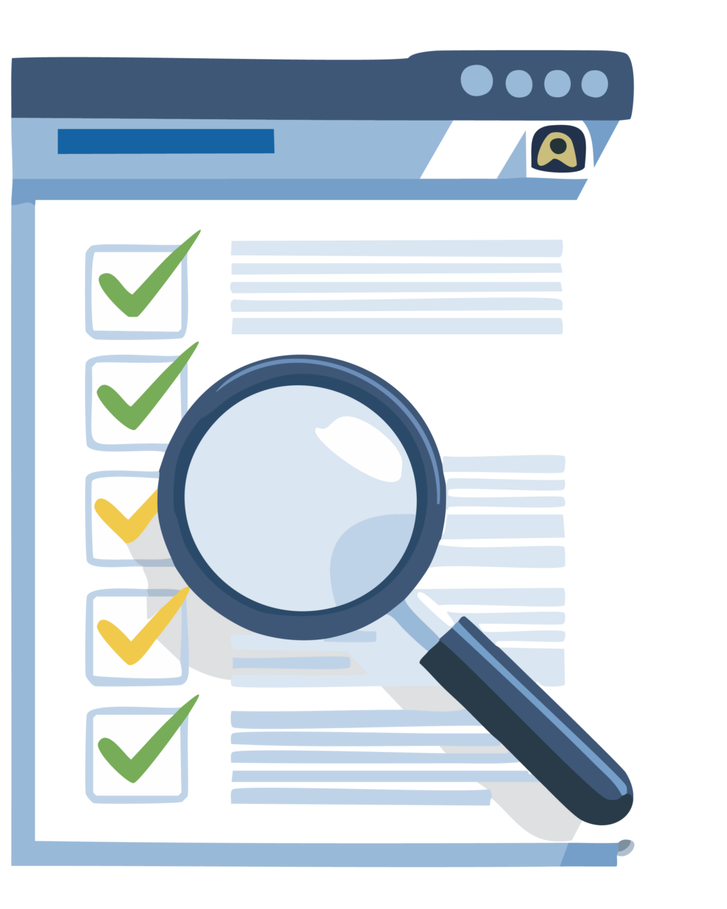 AI-generated illustration of web browser with checkmark list with magnifying glass overlaid.