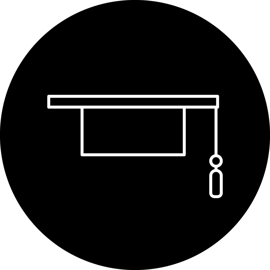 Black circle icon with white graduation cap in white lines.