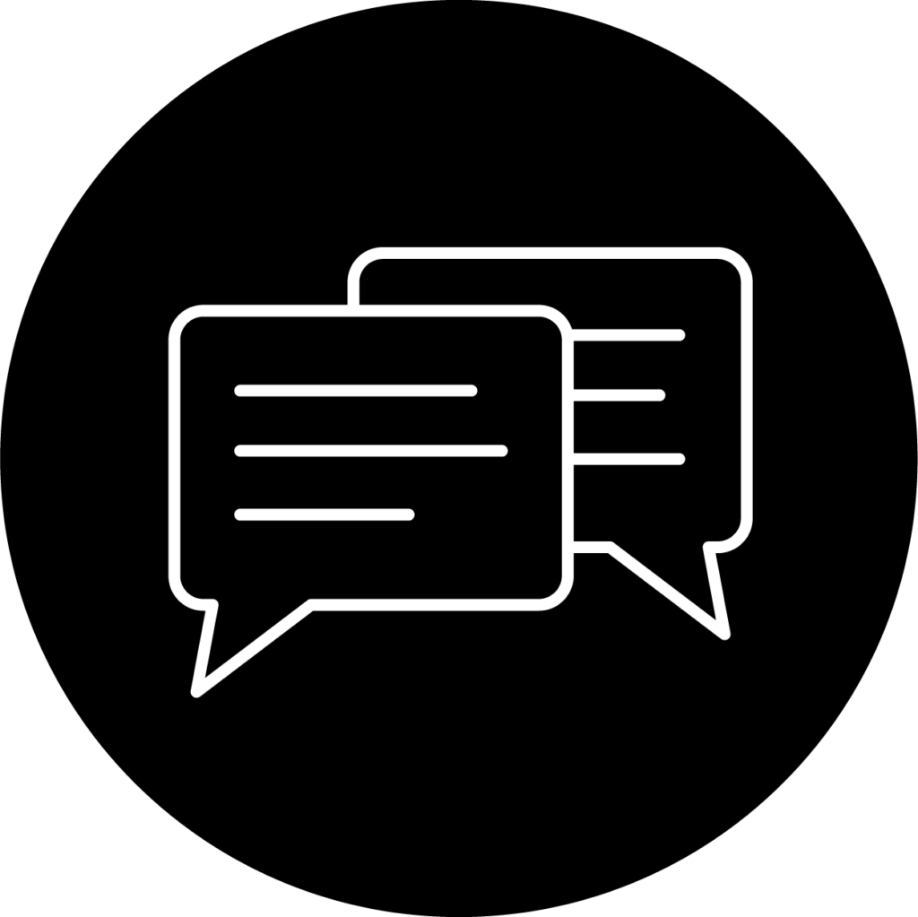 Black circle icon with white dialogue speech bubbles.