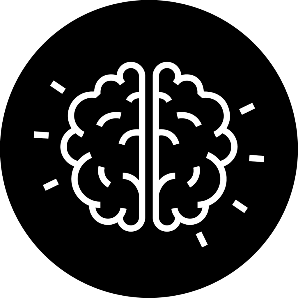 Black circle icon with white brain drawing contained within the circle.