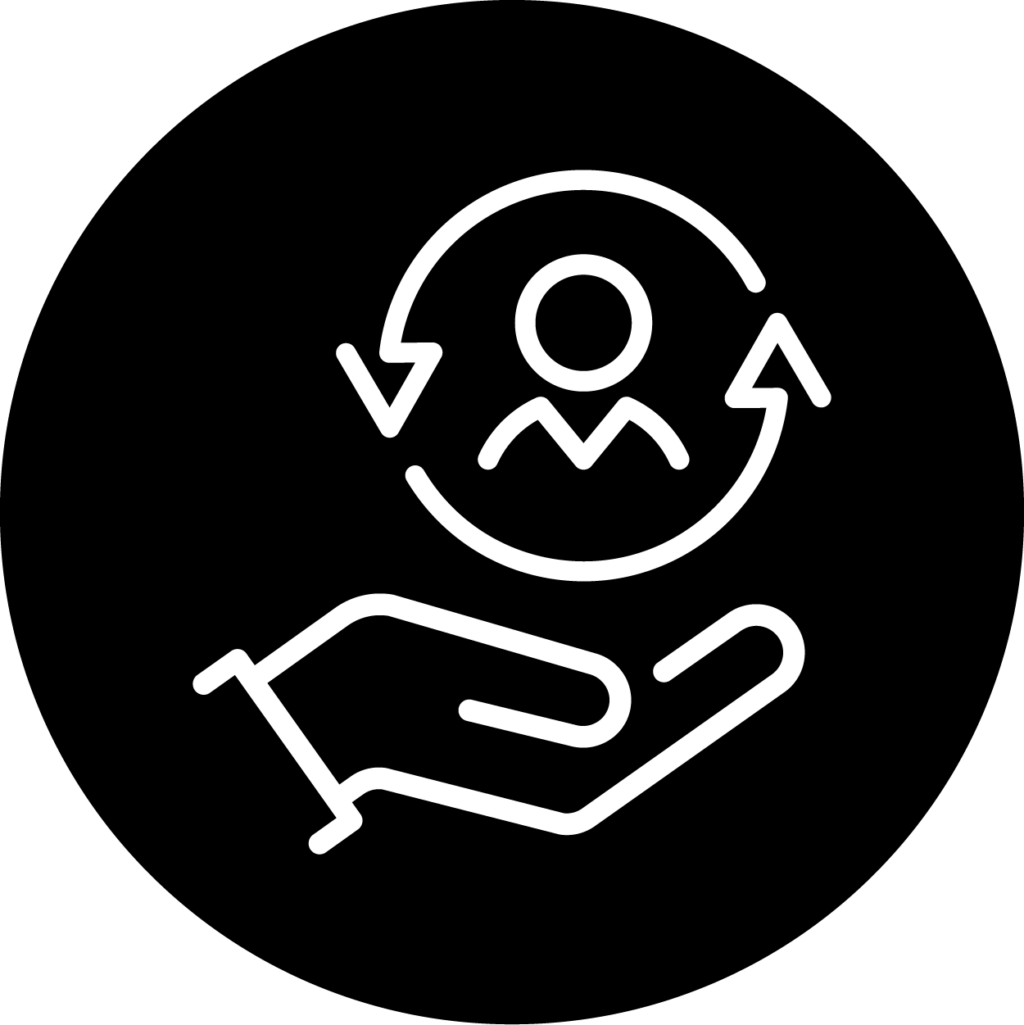 Black circle icon with white hand holding a person icon with arrows circling the person contained within the circle.
