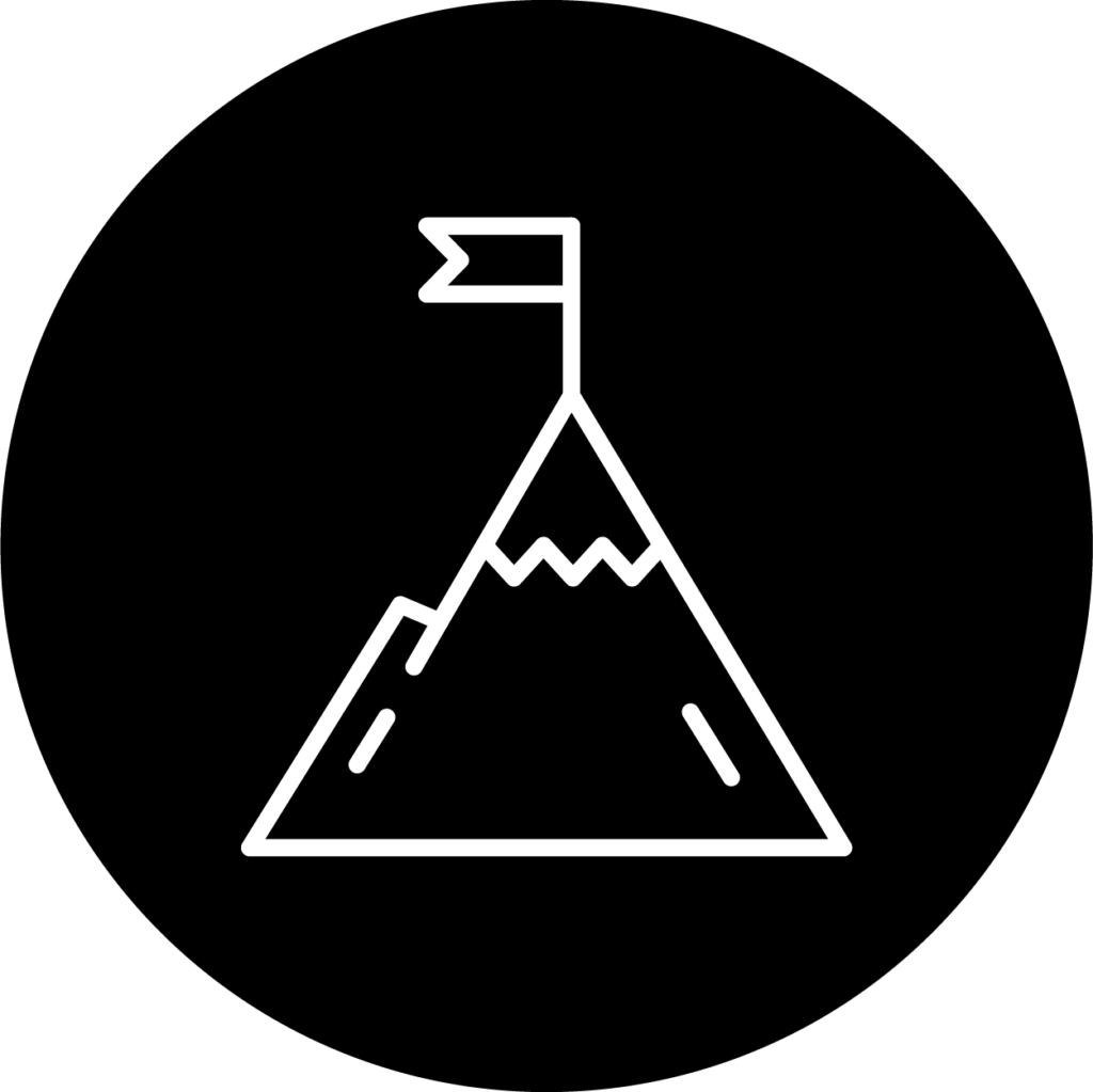 Black circle icon with white mountain with flag at peak contained within the circle.