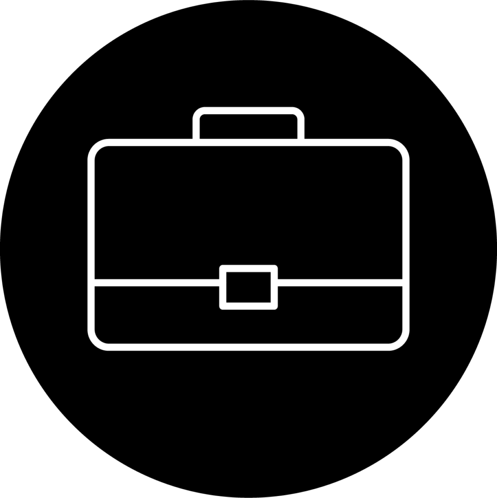 Black circle icon with white briefcase contained within the circle.