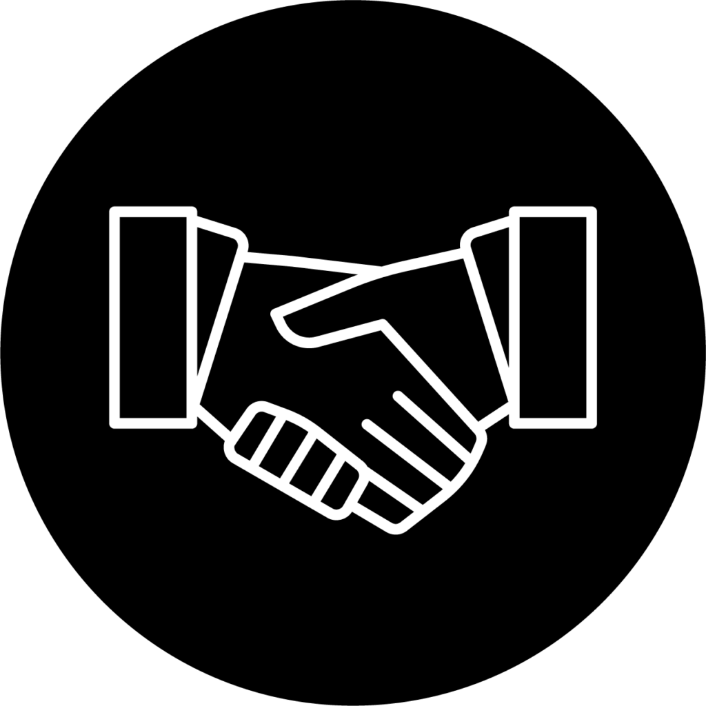 Black circle icon with white handshake contained within the circle.