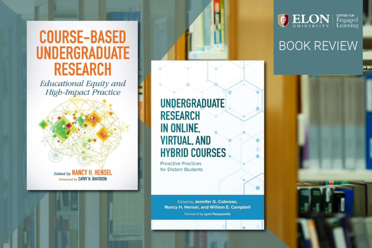 Two white books on an opaque teak background over an image of library shelves. Elon logo in top right.