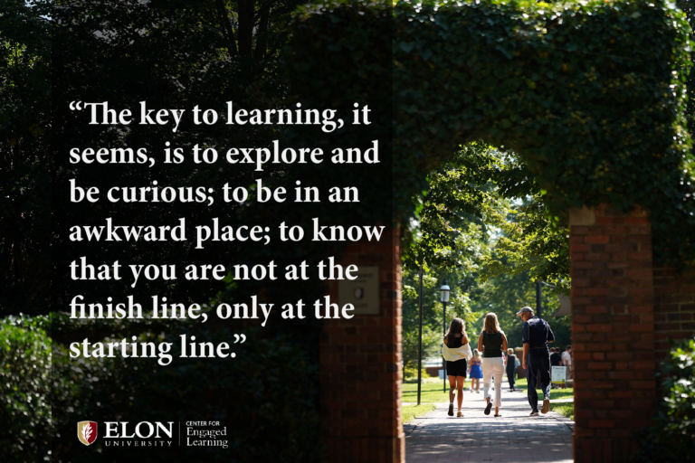 Brick arch with greenery; three people walk in the distance beyond the brick arch. "The key to learning, it seems, is to explore and be curious; to be in an awkward place; to know that you are not at the finish line, only at the starting line" in white text to the left.