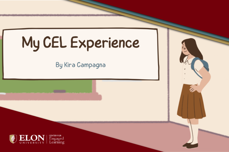 Digital drawing of a female student with brown hair wearing a brown skirt and a blue backpack looking at a chalkboard that says "My CEL Experience by Kira Campagns"