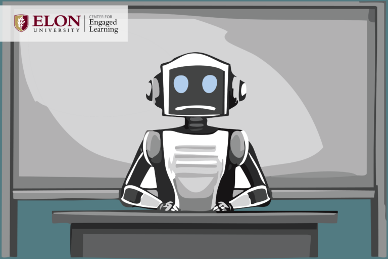 Black and white robot sits behind teacher's desk in front of a classroom with chalkboard behind it. Robot has a slight frown. Elon logo in top left corner.