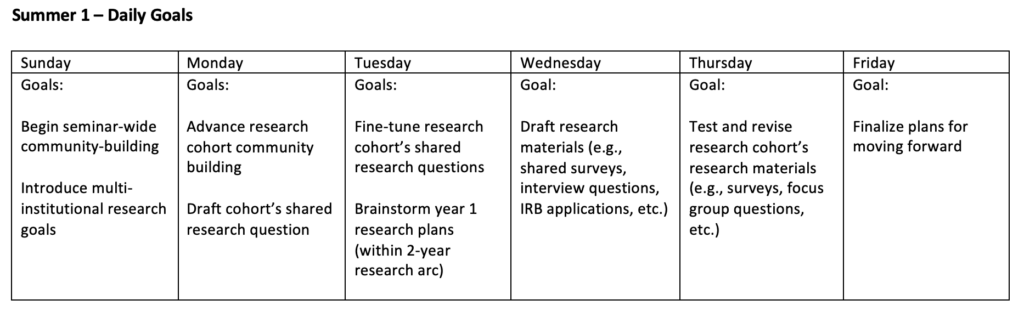 Table outlining daily goals for Sunday through Friday