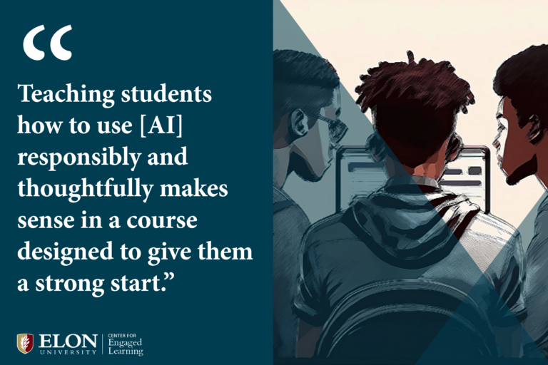 Digital illustration of the back of three Black male students looking at a laptop screen. Quotation mark with text under reads: "Teaching students how to use AI responsibly and thoughtfully makes sense in a course designed to give them a strong start."