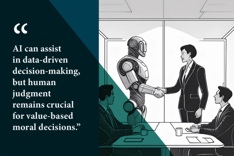 Digital illustration of a tall robot shaking hands with a woman wearing a suit in a business meeting room. Text in a navy and green column on left reads: "AI can assiat in data-driven decision-making, but human judgement remains crucial for value-based moral decisions."