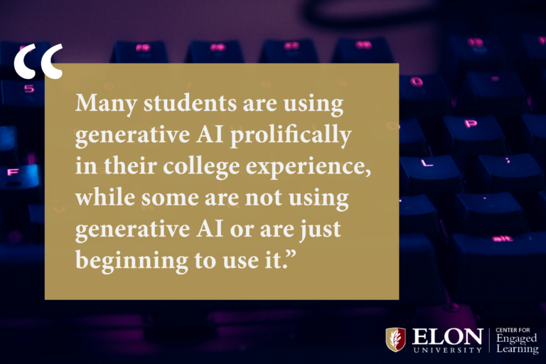Gold block of text reads: "Many students are using generative AI prolifically in their college experience, while some are not using generative AI or are just beginning to use it." on a background image of a dark keyboard glowing with pink light.