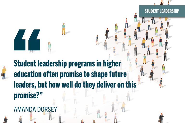 Background illustration of small cartoon professionals standing in the shape of an arrow from a bird's eye view. Dark blue quoted text reads: "Student leadership programs in higher education often promise to shape future leaders, but how well do they deliver on this promise?"