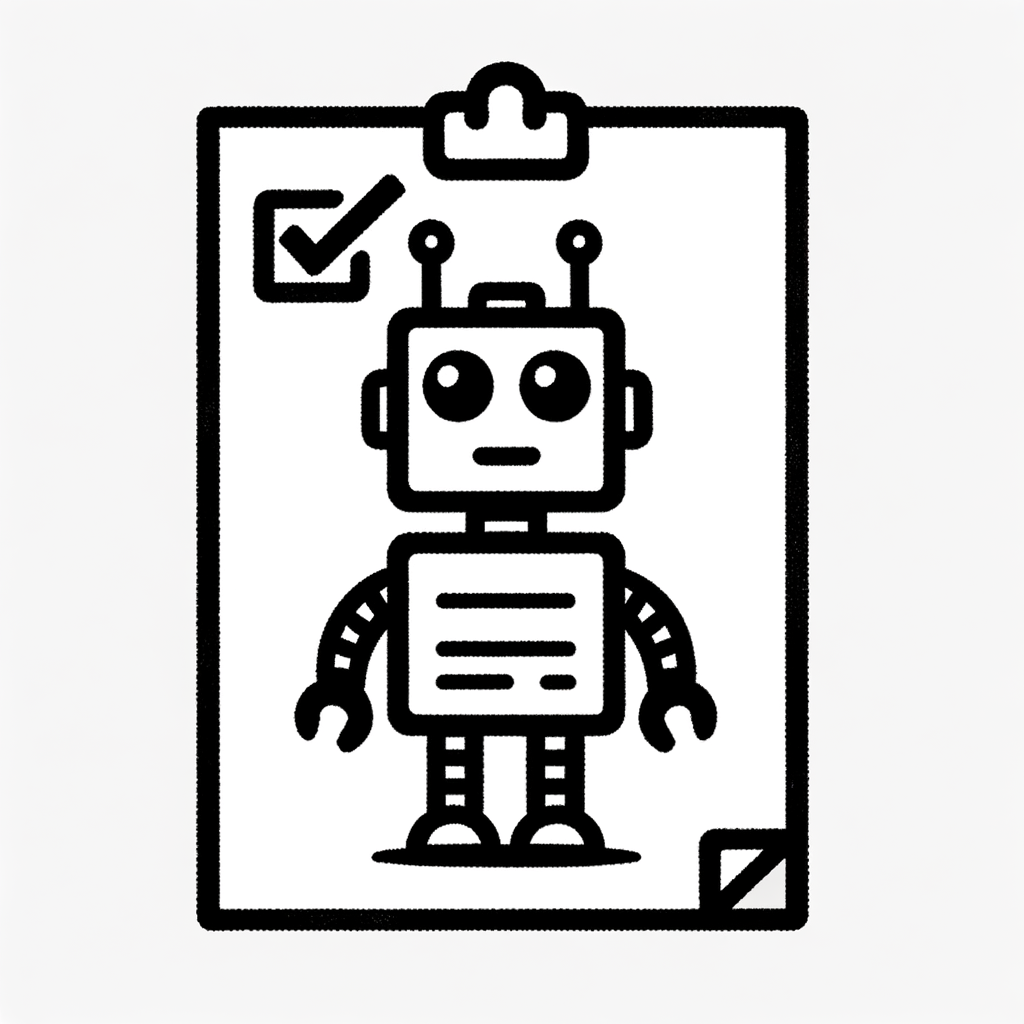 Digital illustration of nice looking robot on a clipboard looking at a checkmark in top left corner.