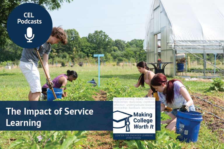 An image of students tilling a field. Text overlay on the screen reads, “CEL Podcasts. Making College Worth It. The Impact of Service Learning.”