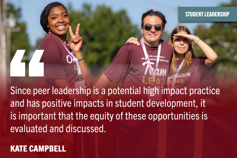 Background image of three Elon student orientation leaders smiling looking at the camera. Maroon to transparent gradient covering the bottom half. White quoted text reads: "Since peer leadership is a potential high impact practice and has positive impacts in student development, it is important that the equity of these opportunities is evaluated and discussed."