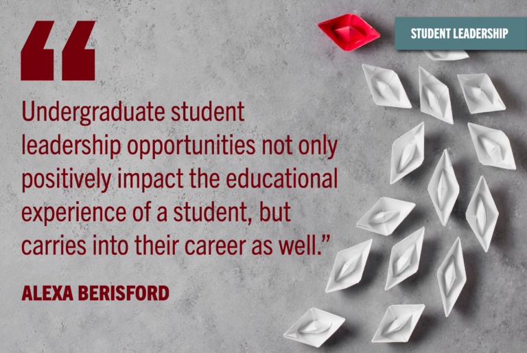 Maroon colored quote states, "Undergraduate student leadership opportunities not only positively impact the educational experience of a student, but carries into their career as well" on a gray background with one red boat hat leading a trail of white paper boat behind it.