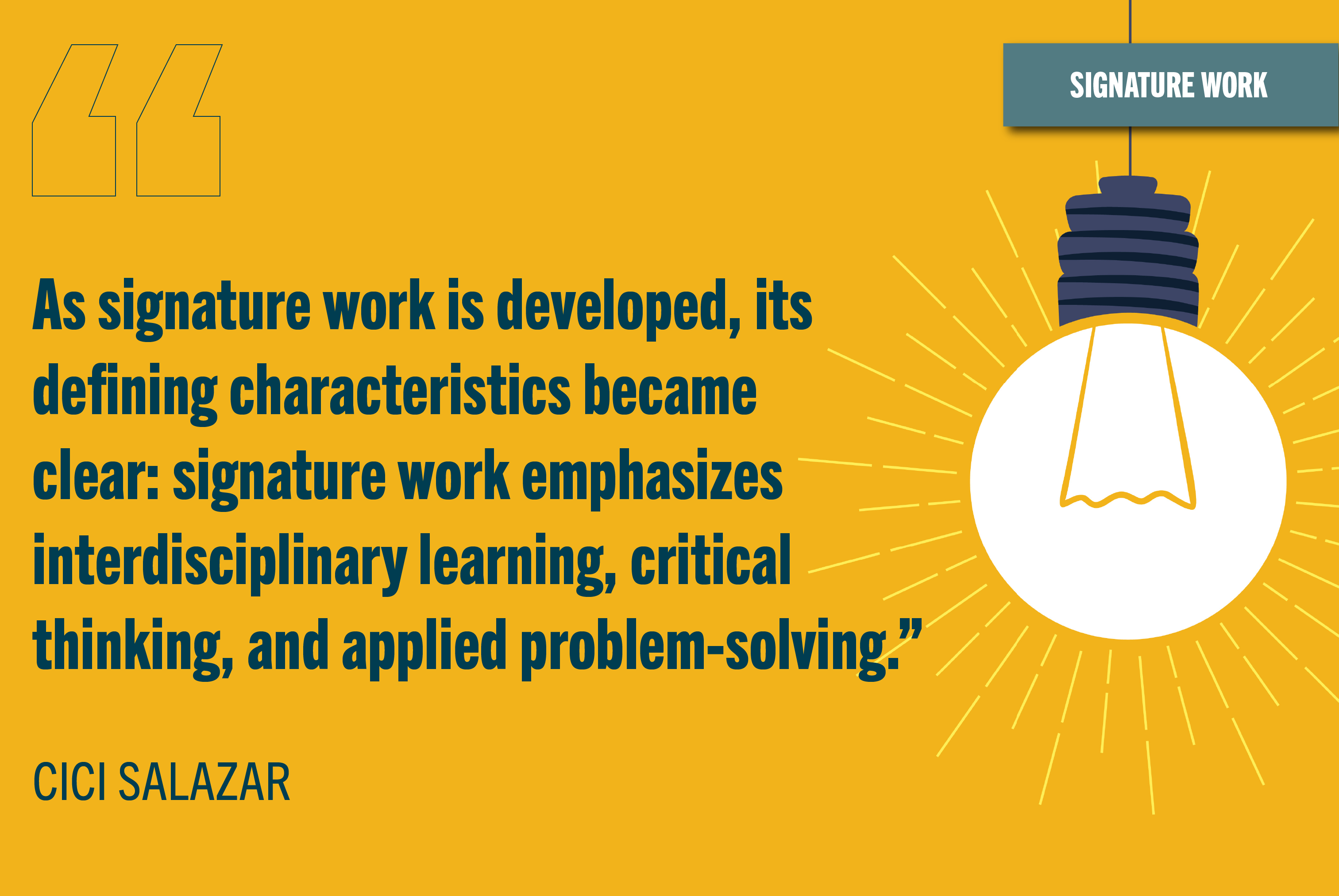 Yellow background with an illuminated lightbulb on the right side of the page. On the left side of the page a navy quote says, "As signature work is developed, its defining characteristics became clear: signature work emphasizes interdisciplinary learning, critical thinking, and applied problem-solving." The authors name "Cici Salazar" sits below this quote. The Elon Center for Engaged Learning logo sits in the bottom righthand corner.