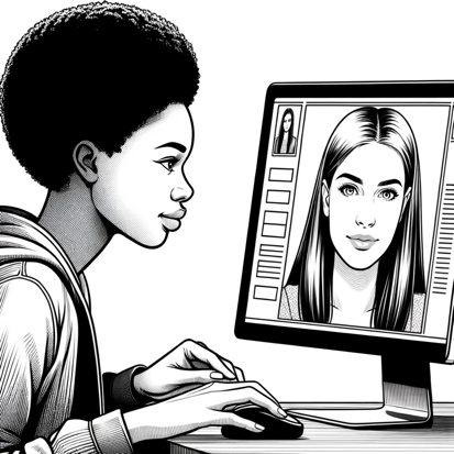A woman looks at a computer screen, which displays another woman's face.