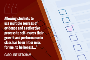 White text on orange diagonal shape reads: "Allowing students to use multiple sources of evidence and a reflective process to self-assess their growth and performance in class has been hit or miss for me, to be honest...” with checkbox in background. Elon log bottom right corner.