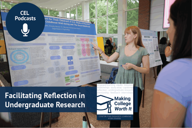 A woman points to a figure on a research poster while talking to a person in the foreground. Text overlays read, "CEL Podcasts. Making College Worth It. Facilitating Reflection in Undergraduate Research."