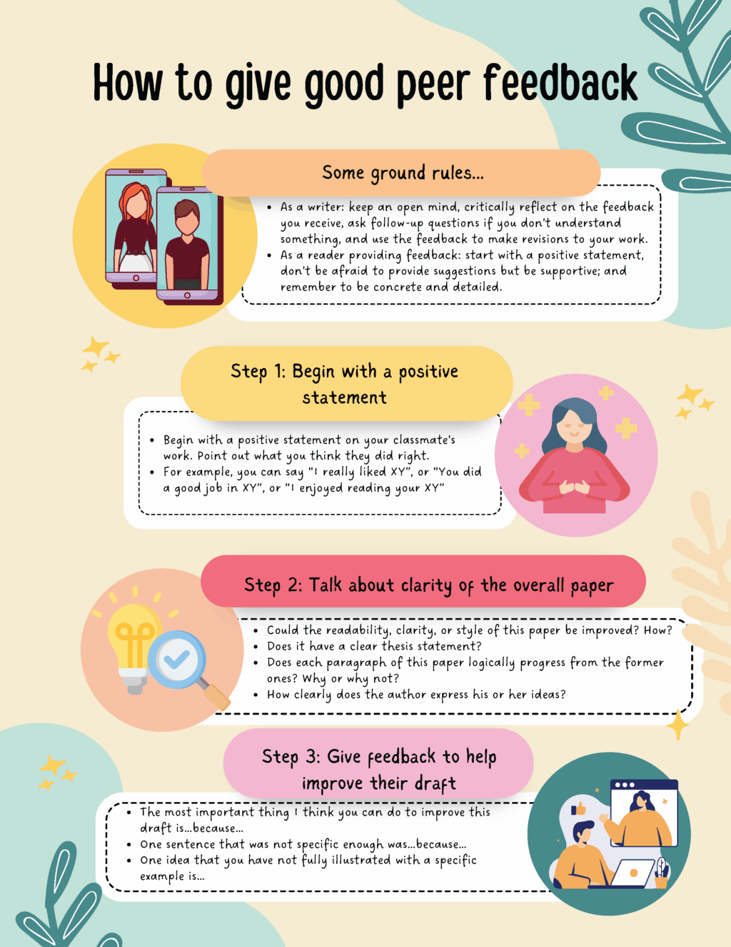 Colorful infographic with the title How to Give Good Peer Feedback