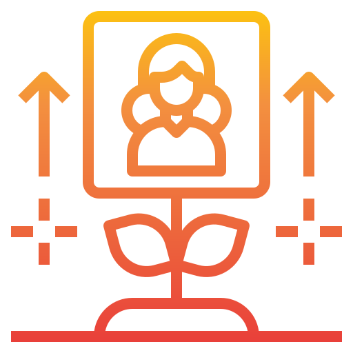 Orange and yellow gradient icon with student portrait growing out of a plant with arrows pointing upward.