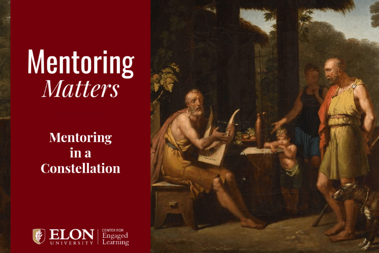 White text "Mentoring Matters, Mentoring in a Constellation" on a red banner with an old painting of two adult men in draped robes standing in scenic backdrop.