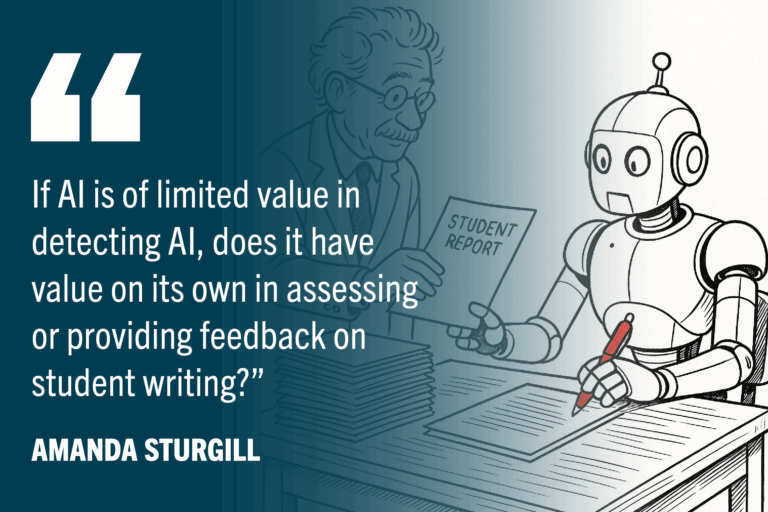 AI-generated image of professor handing student paper to a robot to grade. Quote: "If AI is of limited value in detecting AI, does it have value on its own in assessing or providing feedback on student writing? "
