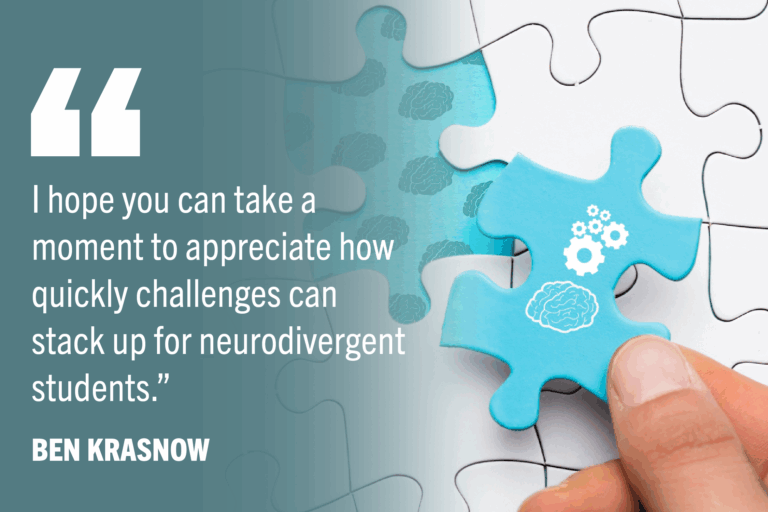 Blue puzzle piece with brain and gears with text: “I hope you can take a moment to appreciate how quickly challenges can stack up for neurodivergent students.”