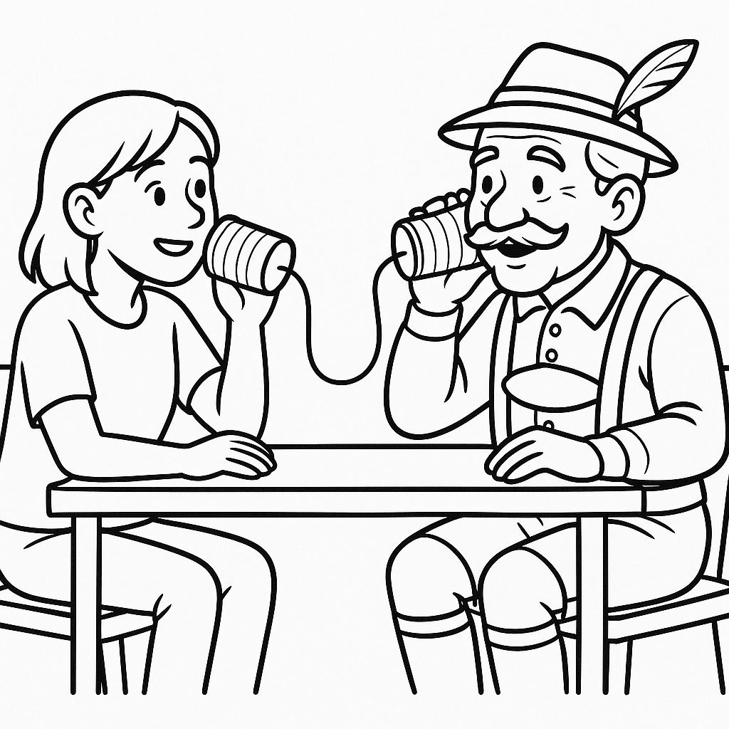 Black and white line art image of two people sitting across a table from each other. One is a young adult female dressed casually, and the other is an older man wearing Bavarian traditional dress including hat. They are holding and talking across a tin can telephone. 