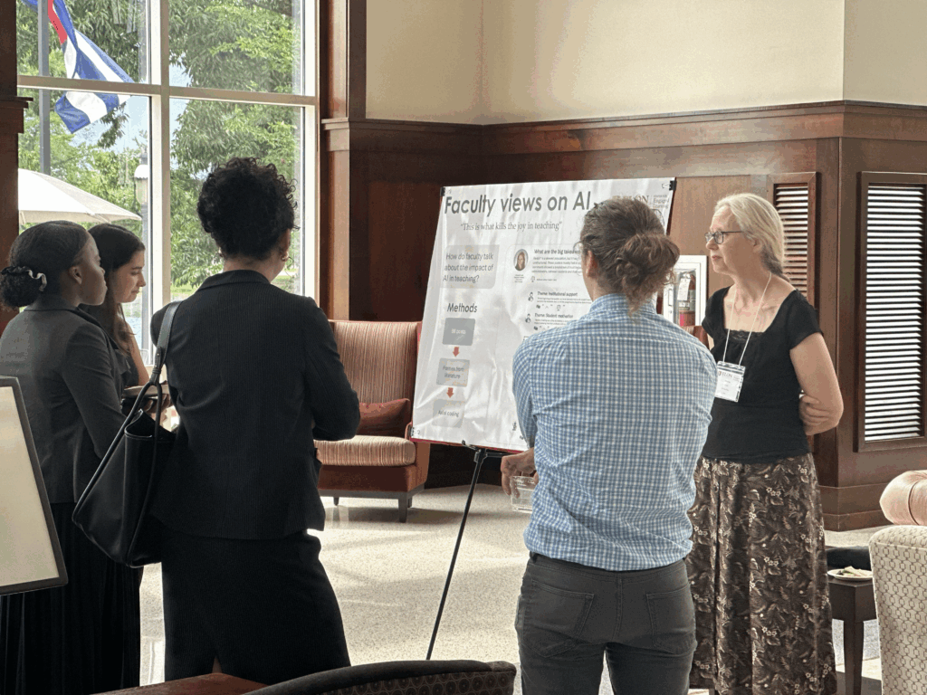 Five people talk around a poster on "Faculty views on AI" at the 2025 Conference on Engaged Learning.